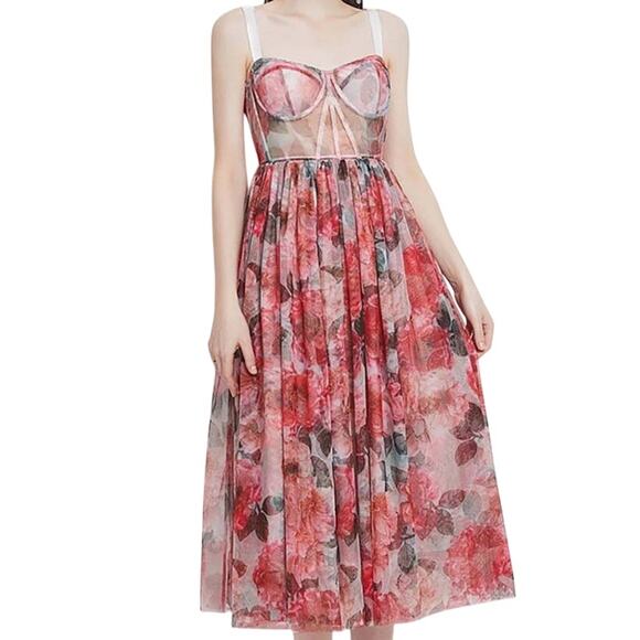 Beulah Corset Floral Mesh Midi Dress Size Large - Picture 1 of 9